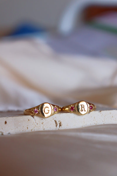 Birthstones signet initial ring