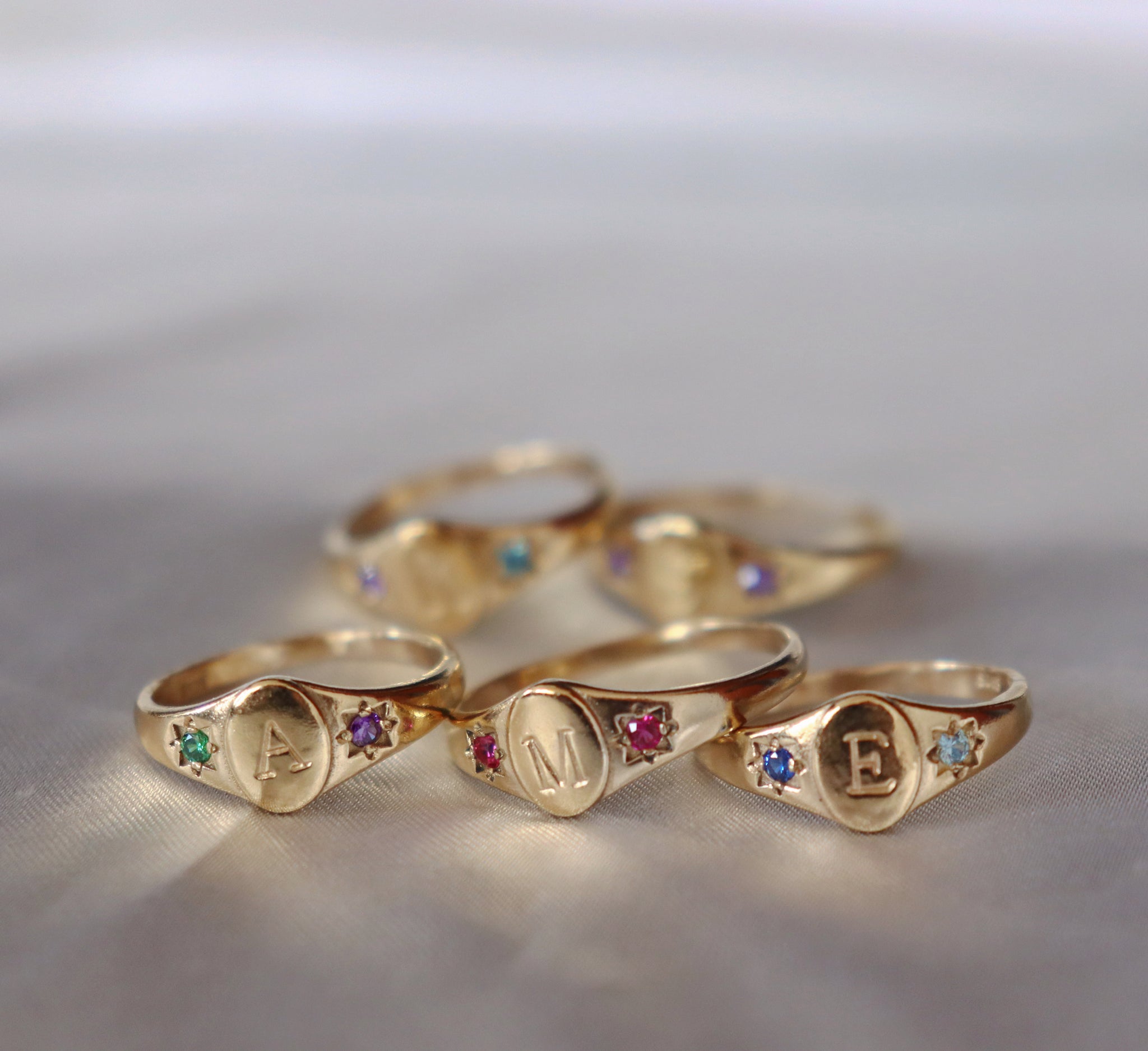 Birthstones signet initial ring