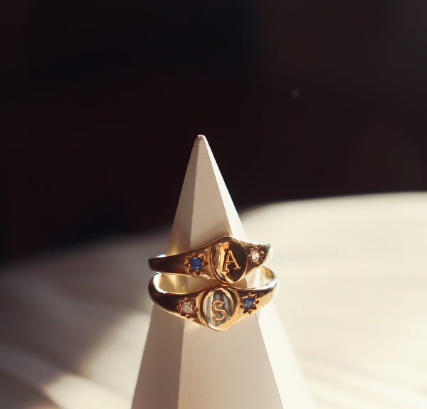 Birthstones signet initial ring